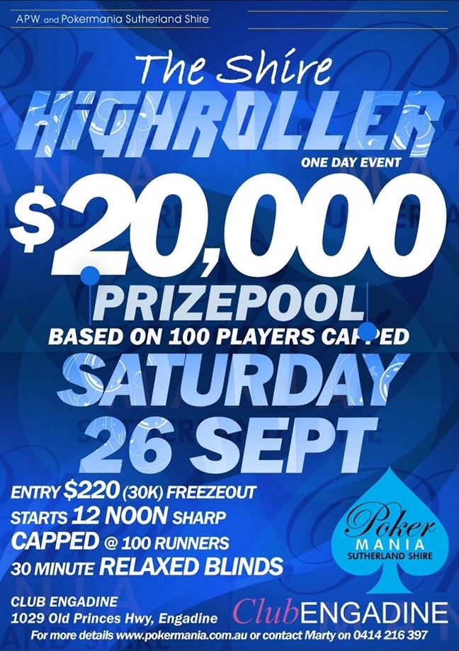 Pokermania Shire $20,000 Poker High Roller Day Sept – 2026 Pokermania Shire $20,000 Poker High Roller Day Sept 2026